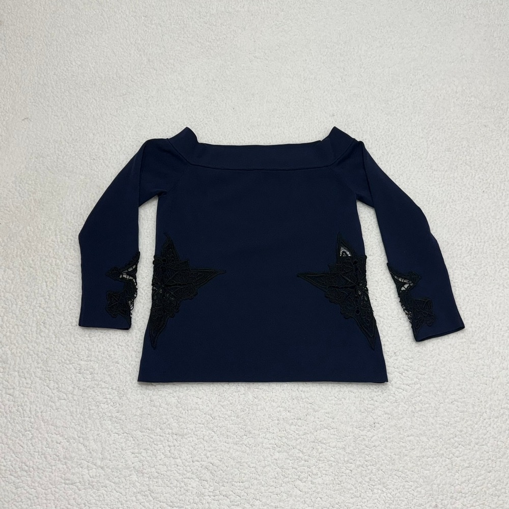 Jonathan Simkhai Navy Blue Off Shoulder Lace Trim Knit Top Size L